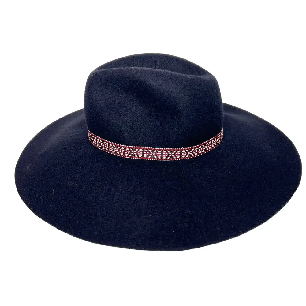 AMERICAN EAGLE Wide Brim Floppy Felt Hat Wool Embroidered Band Purple One Size